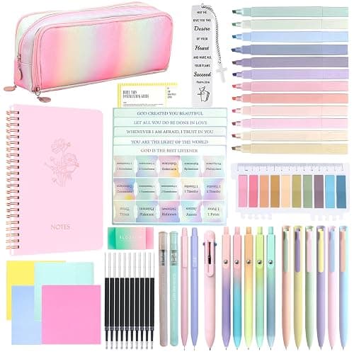 52Pcs Aesthetic School Supplies Set,Bible Study Supplies Journaling Kit for Women,with Large Iridescent Pencil Case, journal notebook,No Bleed Highlighters and Pens,Sticky Notes, (Rainbow-colored) - Image 1