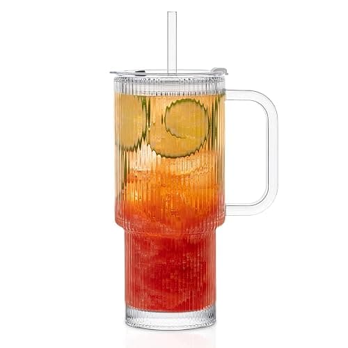 Large 26oz Clear Glass Mug with Handle and Sliding Lid – Aesthetic Ribbed Tumbler for Iced Coffee, Tea, Smoothies & Hot Drinks – Reusable Travel Cup with Straw, Dishwasher Safe (Ribbed Tumbler) - Image 1