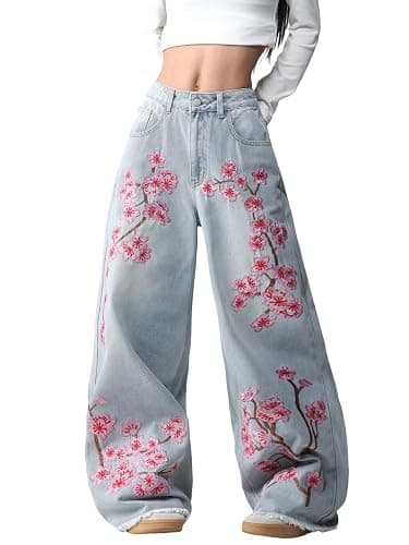 OYICAI Floral Embroider Baggy Jeans for Women Wide Leg Y2k Denim Pants | Hip Hop,Loose Fit,Long Trousers,Vintage 2000s Streetwear,Straight Leg,5 Pockets - Image 1