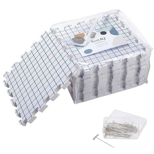 Blocking Mats for Knitting - KnitIQ Extra Thick Blocking Boards for Crochet Projects with Gridlines - 100 T-Pins and Storage Bag Included for Knitting Supplies - Standard Mat Set - Pack of 9 - Image 1