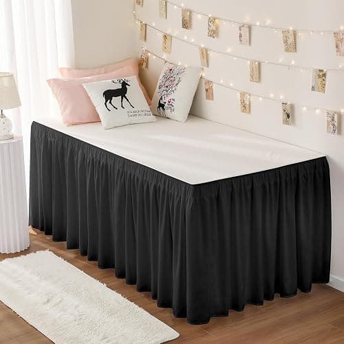 RIMELA Dorm Bed Skirt Twin XL 25 Inch Drop, Extra Long Wrap Around Elastic Bed Skirts Easy to Put On Twin Size Dust Ruffle, Black Bedskirt for Adjustable Bed Base Solid Silky Fabric Machine Washable - Image 1