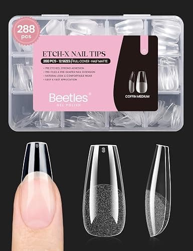 Beetles Soft Gel Nail Tips Medium Coffin Etched-free 12 Sizes 288Pcs | Half Matte Press On False Nails Tips Acrylic Fake Nail Extensions Kit Easy DIY Salon Manicure Gift for Women - Image 1