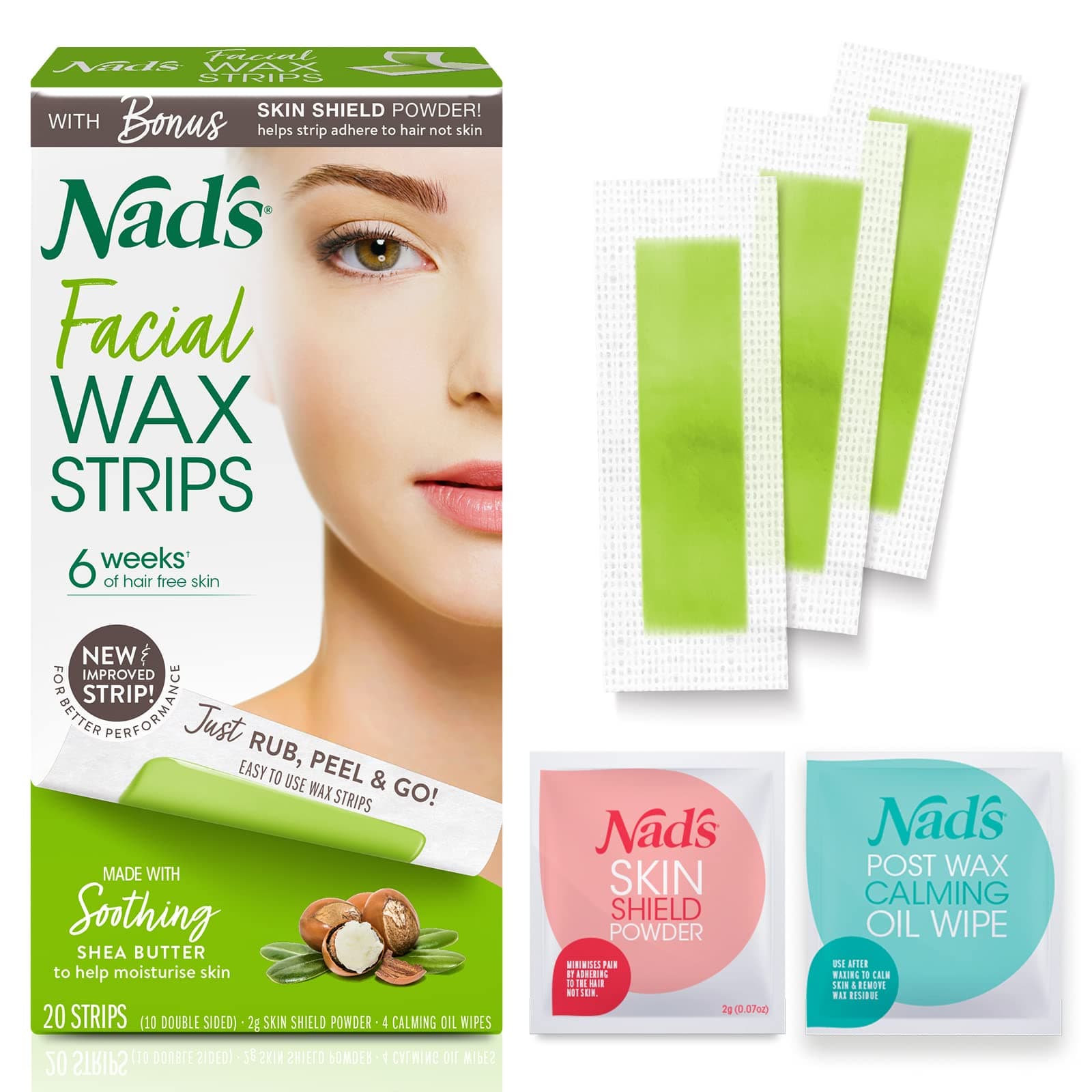 Nad's Facial Wax Strips, Hypoallergenic Face Hair Removal Kit, 20 Ct | All skin types, made with shea butter, home waxing kit, 4 calming oil wipes, skin protection powder, ready to use, no heating - Image 1