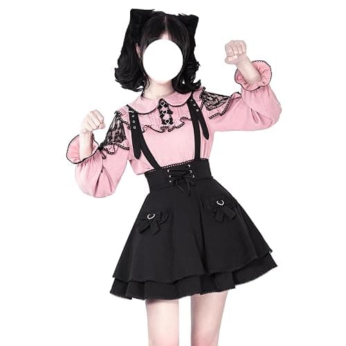 Cuteighteen Goth Mini Skirt Teens High Waisted Y2K Cute Lace Lolita A Line Flare Kawaii Suspender Skirts with Bow - Image 1