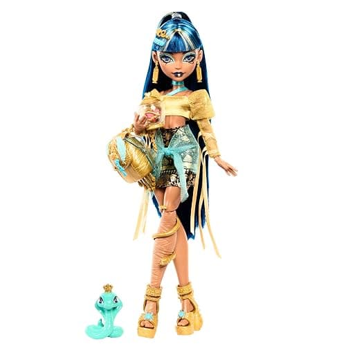 Monster High Cleo De Nile Puppe in goldener Bluse und mehrlagigem Rock, enthält Haustier-Kobra Hissette und Accessoires wie Rucksack, Snack und Papierrolle, HXH74 - Image 1