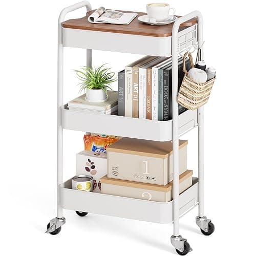 TOOLF 3-Tier Rolling Cart with Table Top, Metal Storage Cart on Wheels, Utility Organizer with Wooden Tray, Lockable Casters, Easy Assembly for Bathroom, Living Room, Office, Kitchen, White - Image 1