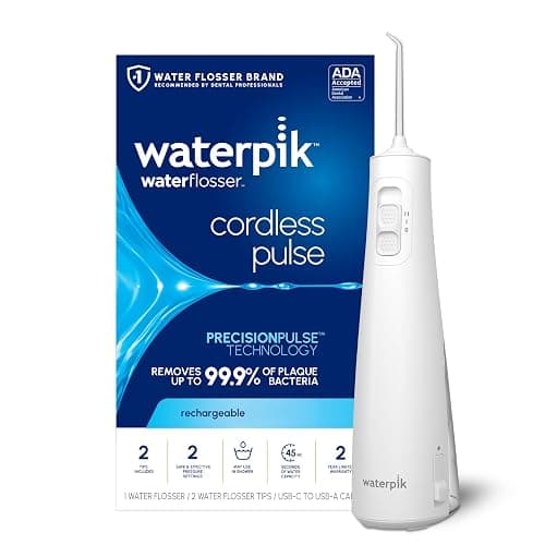 Waterpik Cordless Pulse Rechargeable Portable Water Flosser for Teeth, Gums, Braces Care and Travel with 2 Flossing Tips, Waterproof, ADA Accepted, WF-20 White, Packaging May Vary - Image 1