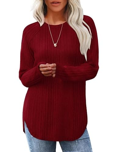 Saloogoe Long Sleeve Shirts for Women 2025 Fall Clothes Tunic Tops Loose Fit Dressy Crewneck Pullover Sweaters Curved Hem - Image 1