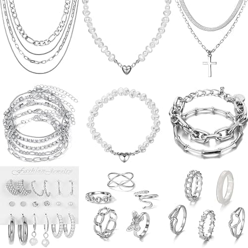 VKME 43 PCS Silver Jewelry Set for Women,Ball Dangle Hoop Earrings,Multi Layered Bracelets,Stackable Knuckle Rings,Adjustable Dainty Necklaces,Anniversary Valentine Fashion Trendy Party Gift Pack - Image 1