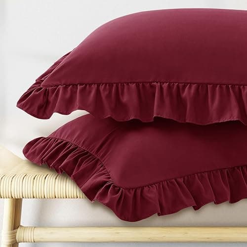 KKJIAF Ruffle Pillow Cases Standard Size Set of 2, Ruffled Pillow Covers with Envelope Closure, Wrinkle Resistant Ruffled Pillow Shams 20" x 26", Burgundy - Image 1