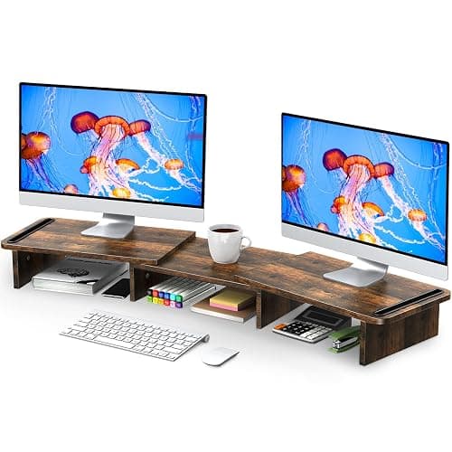 Zimilar Dual Monitor Stand Riser, Monitor Stand with Adjustable Length and Angle, Wood Monitor Stand for Desk, Monitor Riser for 2 Monitors with Storage Space(Rust Brown Large) - Rust Brown - Image 1