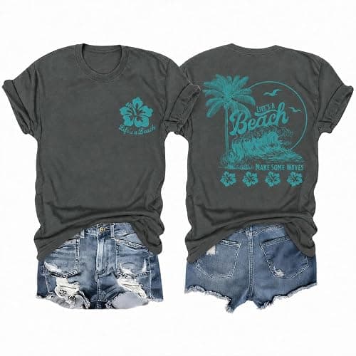KEEVICI Hawaiian Beach T Shirts for Women Hibiscus Flower Palm Tree Shirt Tropical Graphic Tees Summer Beachy Vacation Tops - Image 1