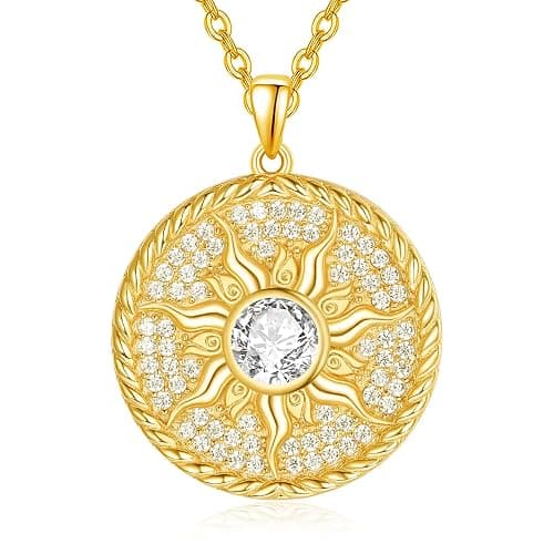 AENEAS Sun Necklace for Women 925 Sterling Silver Sun Necklace Birthstone Sun Coin Pendant Necklace Gold Round Shape Jewelry Sun Gifts for Her - Image 1