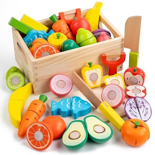 Wooden Play Food Sets for Kids Kitchen, Velcro Fruits & Veggies Cutting Set | Fake Food Play Kitchen Accessories, Learning Pretend Play for Toddlers 3-5 Boys Girls - Image 1