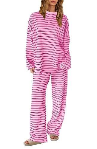 SENSERISE Womens Striped Lounge Set 2 Piece Outfit | Striped Long Sleeve Shirt, Wide Leg Pants, Pajamas Set, Crewneck, Color Block, Loose Fit, Casual Fall Airport Travel Outfit - Image 1