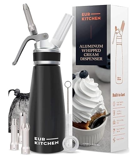 EurKitchen Professional Aluminum Whipped Cream Dispenser - Leak-Free Whip Cream Maker Canister with 3 Decorating Nozzles & Cleaning Brush - 1-Pint / 500 mL - N2O Chargers (Not Included) - Image 1