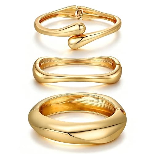 Chunky Gold Bangle Bracelets for Women Trendy 14K Gold Plated Cuff Bracelets Stack, Dainty Gold Bracelet Sets Non Tarnish Fashion Jewelry Gift - Image 1