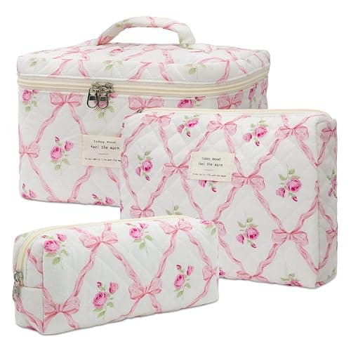 honitty Makeup Bag,Quilted Cosmetic Bag,Large Floral Make Up Bag for Women,Cotton Makeup Bag Set,Flower Travel Toiletry Bag - Image 1