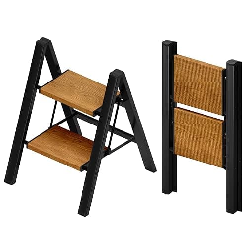 Taranta 2 Step Ladder,Aluminum Lightweight Folding 2 Step Stool with Anti-Slip Wide Pedal, 330lbs Capacity Step Ladder for Household,Kitchen,Office - BlackWoodgrain - Image 1