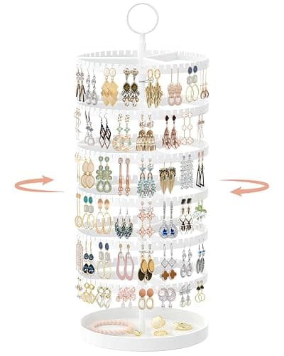 iDavosic.ly 6 Tier Rotating Earring Holder Organizer with Metal Tray, Adjustable Plastic Dangle Display Stands Tree with 342 Grooves, Large Hoop Storage Rack Tower, White - Image 1