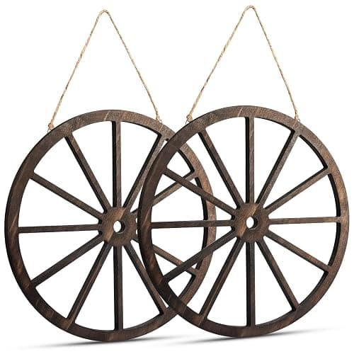 2 Pcs Wagon Wheel with Lanyards, Wall Western Home Decor Wooden Themed Cowboy Party Decorations Vintage Rustic Wagon Wheel Wood Cartwheel Farmhouse Decor for Bar Garage Indoor Outdoor 11.8" - Image 1
