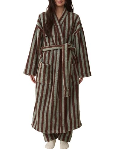 Arssm Womens Striped Fluffy Robe Long Plush Bathrobes Fuzzy Warm Cozy Thick Loungewear Maxi Robe - Image 1