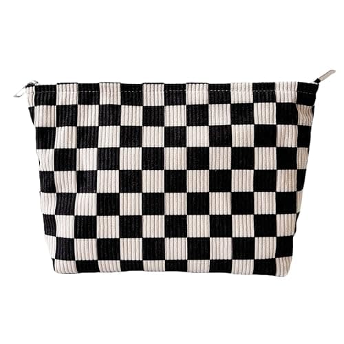 Itgowisa Checkered Corduroy Makeup Bag for Women, Black and White Gingham Cosmetic Bag with Zipper, Corduroy Travel Toiletry Bag, Sunscreen Sunblock Spf Bag, Hygiene Medicine Pouch,Organizer for Purse - Image 1