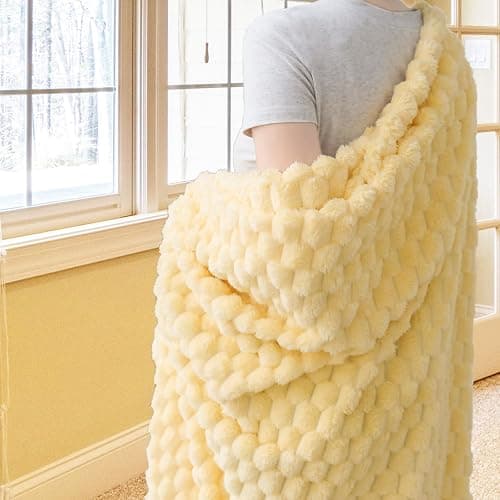 Vessia Flannel Fleece Throw Blanket, 3D Jacquard Light Yellow Fuzzy and Warm Blanket for Couch, Sofa, Bed, 300GSM Super Soft Touch Cozy Home Decor for All Seasons (50x70 inches) - Image 1