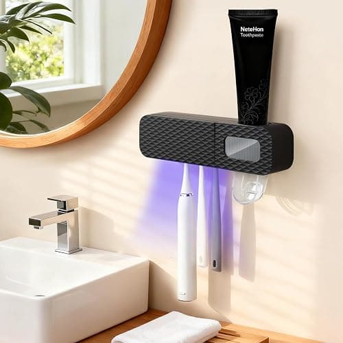 NeteHon Smart Toothbrush Holder, Wall Mounted Toothbrush Holder with Toothpaste Dispenser, Drying Function and 3 Toothbrush Slots for Bathroom (Black) - Image 1
