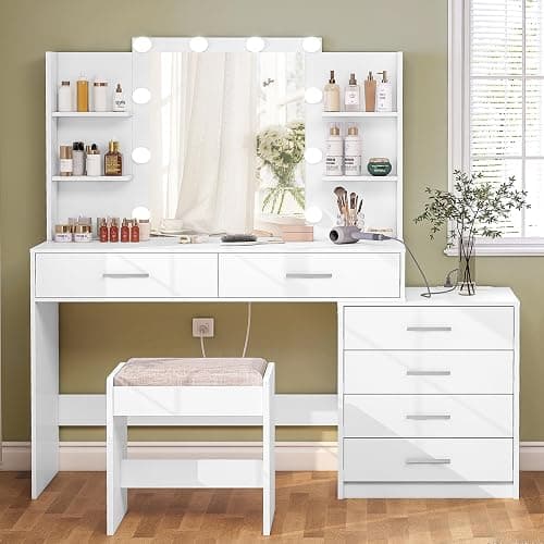Quimoo 48" Large Vanity Desk with Mirror & Lights, Makeup Vanity Table with 6 Drawers & Power Outlet, 6 Open Storage Shelves, Vanity Desk Set with Stool, for Women Girls, White - Image 1