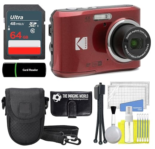 Kodak PIXPRO FZ45 16MP Digital Camera 4X Optical Zoom 27mm Wide Angle 1080P Full HD Video 2.7" LCD Camera (Red) + 64GB Card and Reader + Case + Memory Wallet + Tripod + Cleaning Bundle - Image 1