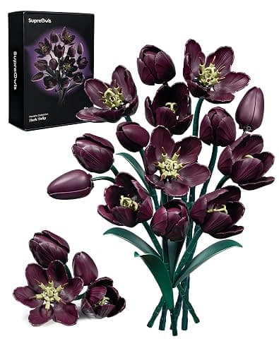 SupreOwls Dark Purple Tulip Flowers Building Set Botanical Bouquet for Her | Artificial Plant Collection Building Kit, Home Room Table Decor Block Toy, Birthday Gift for Adult Women Mother Girlfriend - Image 1