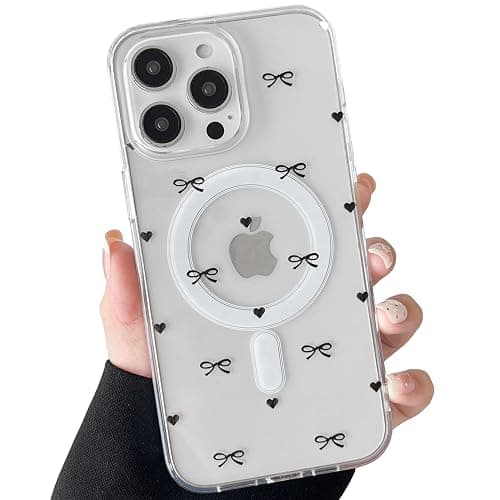 ZTOFERA Magnetic Case for iPhone 14 Pro Max (6.7"), Clear Aesthetic Phone Case Compatible with MagSafe, Cute Bow Ribbon Bowknot & Heart Pattern Soft TPU Shockproof Cover for Girls Women, Black Bows - Image 1