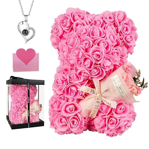 K KYMAKE Rose Bear Gift for Mom, Mothers Day Preserved Rose Teddy Bear with Gift Box & Greeting Card β Handmade Flowers Bear for Women, Anniversary, Birthday Gifts for Her - Image 1