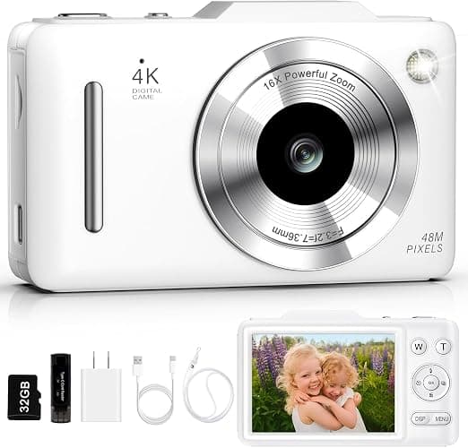 Digital Camera 4K Autofocus Vlogging Camera for Photography with 16X Zoom Anti Shake, 32GB Card, 48MP Compact Portable Point and Shoot Camera Gift for Kids Boys Girls Beginner(White) - Image 1
