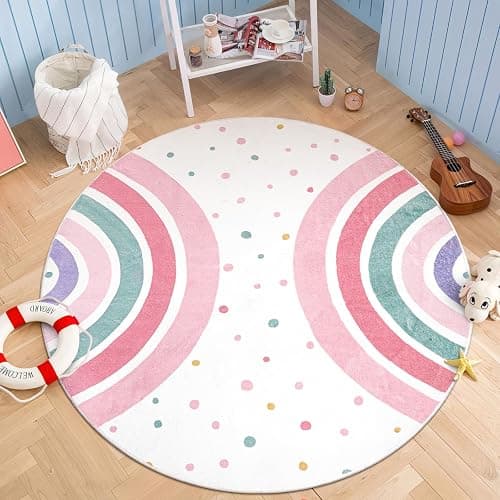 STARUIA Pink Round Rug for Girls, 5 Ft Rainbow Kids Rug for Nursery, Colorful Washable Rugs for Bedroom, Non-Slip Circle Time Rugs Soft Polka Carpet for Kids Room Princess Castle - Image 1