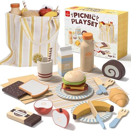 Lehoo Castle Wooden Food Toys, Play Food for Toddlers 3+ Year Old, Kitchen Toys, Wooden food for Play Kitchen, Picnic Toy Set, Toy Food Set for Kids Kitchen, Role Play Toys for 3 Year Old Girls - Image 1