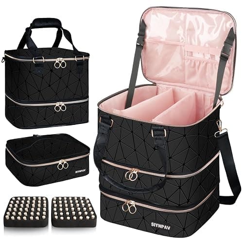 SIYNPAV Nail Polish Organizer Bag Holds 84 Bottles (15ml/0.5fl.oz)& Nail Lamp, 3 Layers Detachable Nail Kit Storage Case PU Leather, Large Travel Nail Supplies Shoulder Bag for Manicure Tools (Black) - Image 1