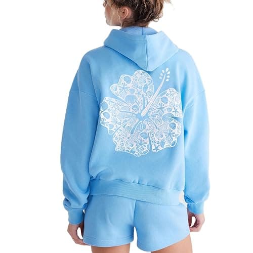 Amiblvowa Preppy Oversized Graphic Hoodies for Women Teen Girl Long Sleeve Pullover Embroidery Hibiscus Sweatshirt Beachwear - Image 1