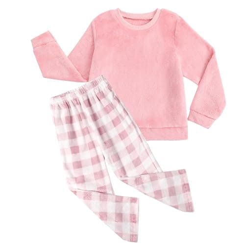 Weixinbuy Girls Fuzzy Pants Set Winter Flannel Fleece Outfits Pajamas Set for Kids Girls Crewneck Top & Plaid Pants Sweatsuit - Image 1