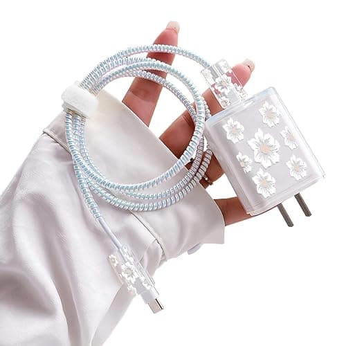 Cute Flowers DIY Protectors Cable Protector for iPhone Charger,Elegant White Camellia Pattern,Data Cable USB Charger Data Line Earphone Wire Saver for iPhone X 13 12 11 Pro Max - Image 1