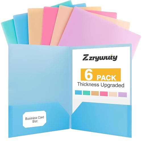 Zzrywuty Plastic Folders with Pockets (6 Pack,Assorted Colors) Durable Heavy Duty File Folders with Business Card Slot,2-Pocket Folder Letter Size,Holds 100 Plus Sheets for School,Office,Business - Image 1