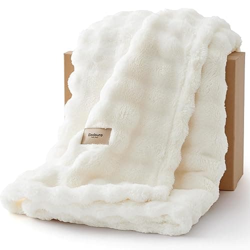 Bedsure 3D Bubble Blanket for Couch - GentleSoft White Twin Blanket for Sofa Bed Room Decor - Luxury Warm Cozy Gifts for Women, All Seasons, Off White, 60"×80" - Image 1
