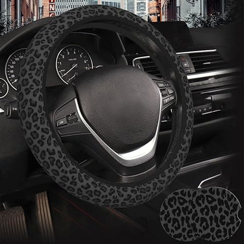 Black Leopard Print Cheetah Elastic Steering Wheel Cover, Non-Slip Neoprene Steering Wheel Cover, Women Leopard Car Accessories, Universal 15 Inch Fit Auto, SUVS, Includes 2 Ceramic Cup Coasters - Image 1