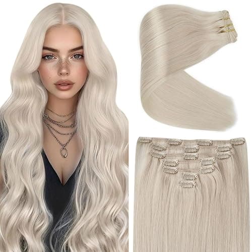 Ve Sunny Clip in Human Hair Extensions Platinum Blonde Clip in Hair Extensions Real Human Hair Clip on Extensions Human Hair Daily Use 120g 7pcs 16inch - Image 1