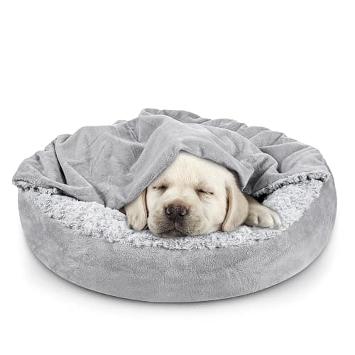 JOEJOY Small Dog Bed Cat Bed with Hooded Blanket, Cozy Cuddler Luxury Puppy Pet Bed, Donut Round Calming Anti-Anxiety Dog Burrow Cave Bed - Anti-Slip Bottom and Machine Washable 23 inch - Image 1