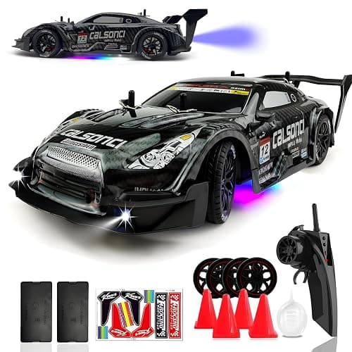 HTURCCOP 1:16 RC Drift Car 2.4GHz Spray 4WD LED Lights 30+KM/H High Speed Remote Control Car 2 Batteries 60Min Infinitely Variable Speed Drift Car Toys for Adults and Kids (Black 1:16) - Image 1