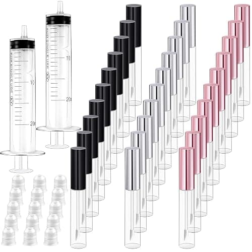 Bercoor 30 Pack Lip Gloss Tube, 10ml Empty Refillable Lip Balm Bottle Clear Plastic Lip Gloss Container with Rubber Stoppers for DIY Makeup, Personal Cosmetic, Black, Sliver and Pink - Image 1