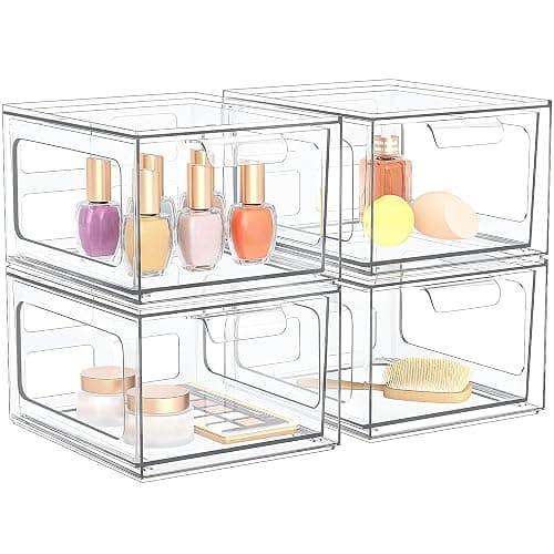 SpaceHacks 4 Pack Stackable Plastic Makeup Organizer Drawers, Acrylic Organizers, Clear Storage Bins with Pull-Out Handles for Vanity, Kitchen Cabinets, Pantry - Image 1
