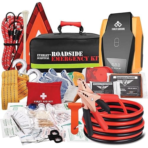 Everlit Survival Car Emergency Kit, Roadside Safety Tool Kit with Gloves,Digital Auto Air Compressor Tire Inflator, First Aid Kit, 12 Feet Jumper Cable, Tow Strap, Flashlight for Women, Men, Teenagers - Image 1